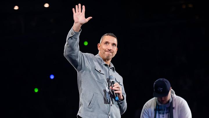 Penn State Nittany Lions football coach Matt Campbell waves to the crowd during a Big Ten wrestling match vs. Nebraska. 