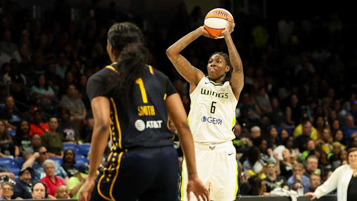 May 3, 2024; Dallas, Texas, USA; Dallas Wings forward Natasha Howard (6) shoots over Indiana Fever forward NaLyssa Smith (1) during the second half at College Park Center.  Mandatory Credit: Kevin Jairaj-Imagn Images