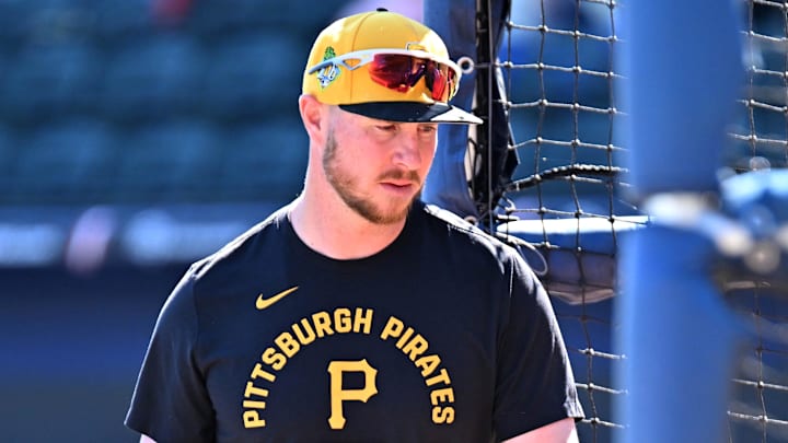 Feb 25, 2026; North Port, Florida, USA;  Pittsburgh Pirates right fielder Ryan O’Hearn (29) walks into the batting cage before the start of the game against the Atlanta Braves  during spring training at CoolToday Park. Mandatory Credit: Jonathan Dyer-Imagn Images