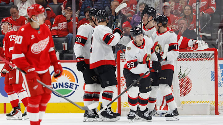 Mar 24, 2026; Detroit, Michigan, USA; Ottawa Senators center Lars Eller (89) receives congratulations from teammates after scoring in the second period against the Detroit Red Wings at Little Caesars Arena. Mandatory Credit: Rick Osentoski-Imagn Images Mar 24, 2026; Detroit, Michigan, USA; Ottawa Senators center Lars Eller (89) receives congratulations from teammates after scoring in the second period against the Detroit Red Wings at Little Caesars Arena. Mandatory Credit: Rick Osentoski-Imagn Images