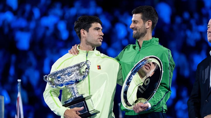 Carlos Alcaraz and Novak Djokovic after the 2026 Australian Open final. Carlos Alcaraz and Novak Djokovic after the 2026 Australian Open final.