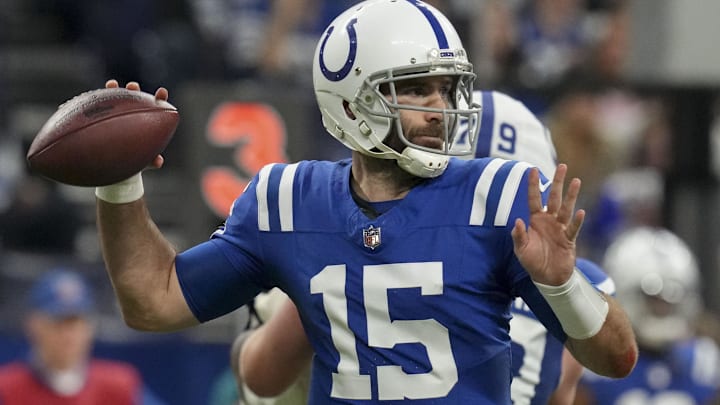 Jan 5, 2025; Indianapolis, Indiana, USA; Indianapolis Colts quarterback Joe Flacco (15) draws back to pass during a game against the Jacksonville Jaguars at Lucas Oil Stadium. Mandatory Credit: Christine Tannous/USA TODAY Network via Imagn Images