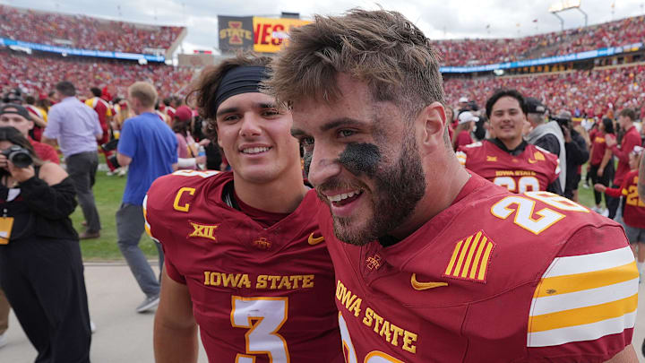 Iowa State Cyclones' quarterback Rocco Becht (3) and running back Carson Hansen (26) celebrate after winning 16-13 over Iowa in the Cy-Hawk football at Jack Trice Stadium on Sept. 6, 2025, in Ames, Iowa