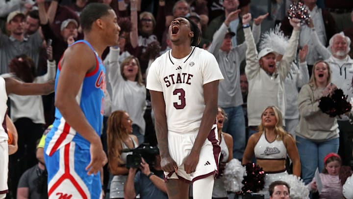 Jan 18, 2025; Starkville, Mississippi, USA; Mississippi State Bulldogs forward KeShawn Murphy (3) reacts after defeating the Mississippi Rebels at Humphrey Coliseum. Mandatory Credit: Petre Thomas-Imagn Images