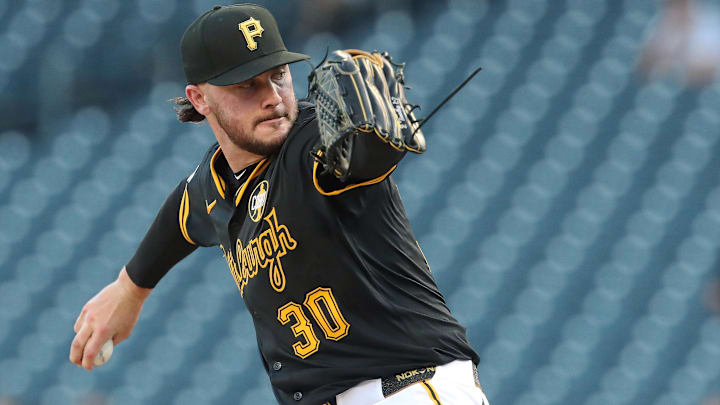 Aug 18, 2025; Pittsburgh, Pennsylvania, USA;  Pittsburgh Pirates starting pitcher Paul Skenes (30) delivers a pitch against the Toronto Blue Jays during the first inning at PNC Park. Mandatory Credit: Charles LeClaire-Imagn Images