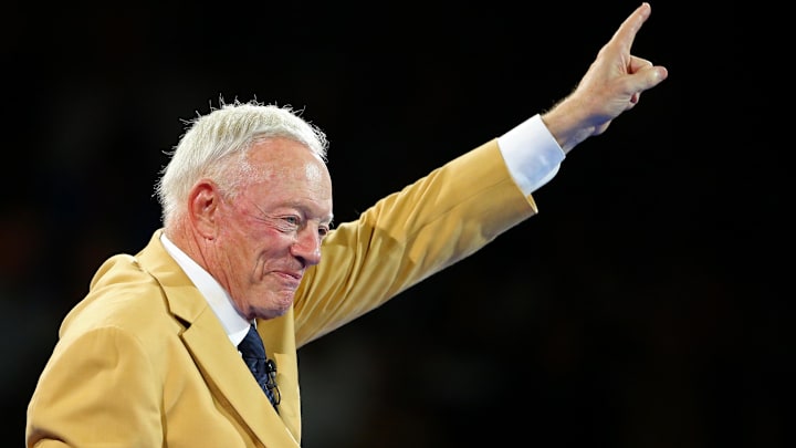 Jerry Jones waves during the Pro Football Hall of Fame Game-Enshrinees' Gold Jacket Dinner at Canton Memorial Civic Center. Jerry Jones waves during the Pro Football Hall of Fame Game-Enshrinees' Gold Jacket Dinner at Canton Memorial Civic Center.