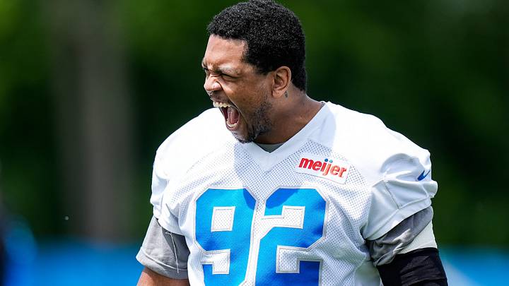 Detroit Lions defensive end Marcus Davenport (92) practices during OTA at Meijer Performance Center in Allen Park on Friday, May 30, 2025.