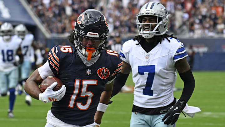 Chicago Bears wide receiver Rome Odunze catches a touchdown pass against Dallas Cowboys CB Trevon Diggs.