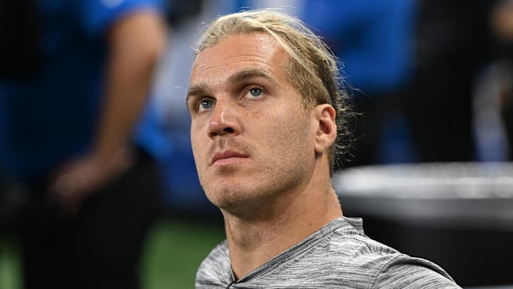 Aug 16, 2025; Detroit, Michigan, USA; Detroit Lions linebacker Alex Anzalone (34) watches the action from the bench during their preseason game against the Miami Dolphins at Ford Field. Mandatory Credit: Lon Horwedel-Imagn Images