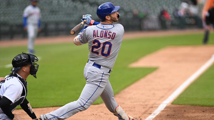 May 3, 2023; Detroit, Michigan, USA; New York Mets first baseman Pete Alonso (20) hits a double