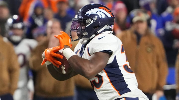 Nov 13, 2023; Orchard Park, New York, USA; Denver Broncos running back Javonte Williams (33) runs