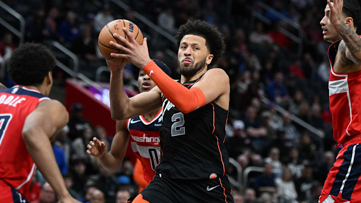 Jan 27, 2024; Detroit, Michigan, USA; Detroit Pistons guard Cade Cunningham (2) drives to the basket