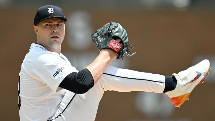 Jun 9, 2024; Detroit, Michigan, USA;  Detroit Tigers pitcher Tarik Skubal (29) throws a pitch against the Milwaukee Brewers in the second inning at Comerica Park. Mandatory Credit: Lon Horwedel-USA TODAY Sports