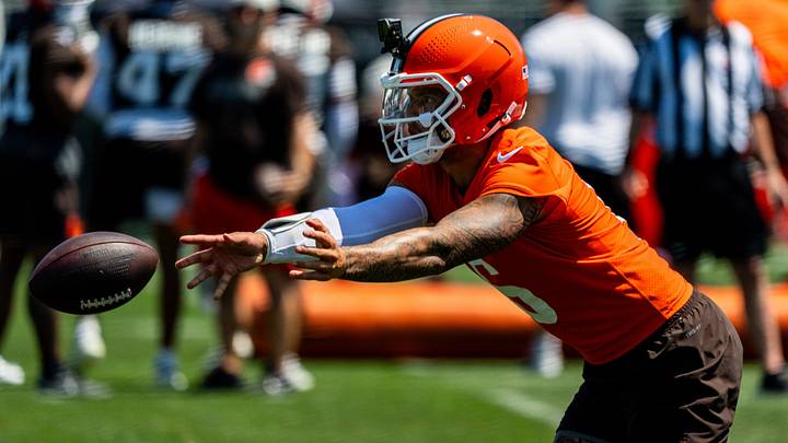 Cleveland Browns quarterback Dillon Gabriel (6) works though drills during the second day of training camp, July 30, 2026, in Berea, Ohio. Cleveland Browns quarterback Dillon Gabriel (6) works though drills during the second day of training camp, July 30, 2026, in Berea, Ohio.