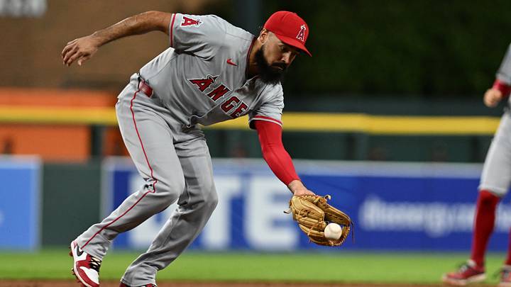 Aug 27, 2024; Detroit, Michigan, USA; Los Angeles Angels third baseman Anthony Rendon (6) fields a ground ball against the Detroit Tigers in the third inning at Comerica Park. Mandatory Credit: Lon Horwedel-USA TODAY Sports Aug 27, 2024; Detroit, Michigan, USA; Los Angeles Angels third baseman Anthony Rendon (6) fields a ground ball against the Detroit Tigers in the third inning at Comerica Park. Mandatory Credit: Lon Horwedel-USA TODAY Sports