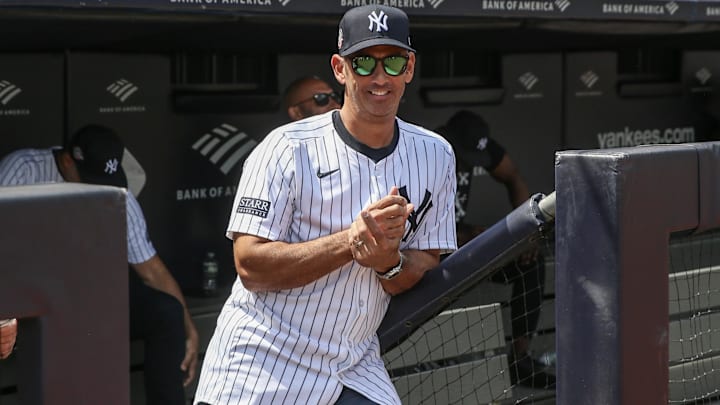 Aug 24, 2024; Bronx, New York, USA;  Former New York Yankees catcher Jorge Posada is introduced at the Old Timers’ Day Ceremony at Yankee Stadium. Mandatory Credit: Wendell Cruz-Imagn Images