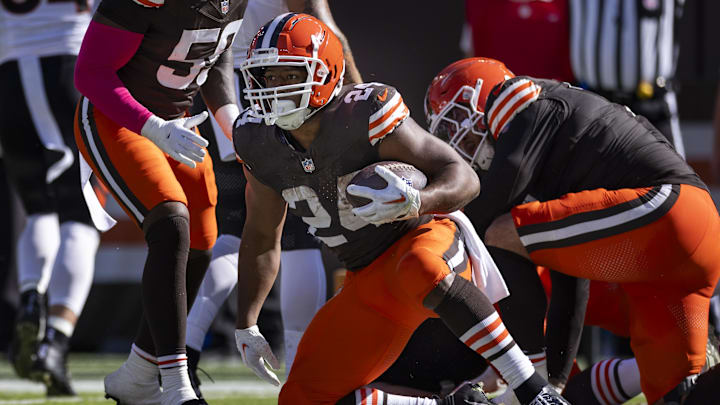Oct 20, 2024; Cleveland, Ohio, USA; Cleveland Browns running back Nick Chubb (24) scores a touchdown against the Cincinnati Bengals during the second quarter at Huntington Bank Field.