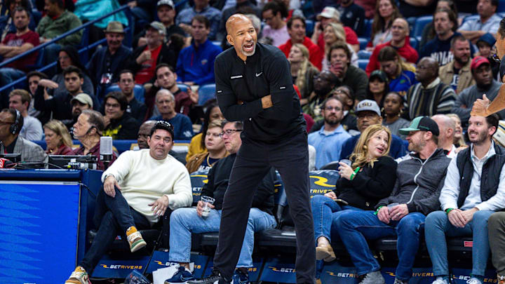Nov 2, 2023; New Orleans, Louisiana, USA;  Detroit Pistons head coach Monty Williams reacts to a