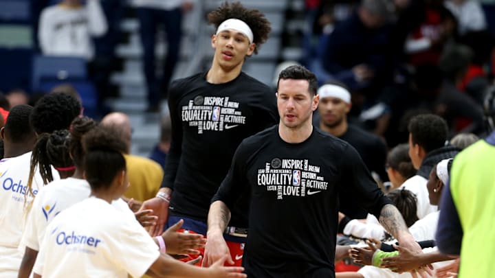 Feb 28, 2020; New Orleans, Louisiana, USA; New Orleans Pelicans guard JJ Redick (4) and center Jaxson Hayes (10) enter the court before their game against the Cleveland Cavaliers at the Smoothie King Center. Mandatory Credit: Chuck Cook-Imagn Images Feb 28, 2020; New Orleans, Louisiana, USA; New Orleans Pelicans guard JJ Redick (4) and center Jaxson Hayes (10) enter the court before their game against the Cleveland Cavaliers at the Smoothie King Center. Mandatory Credit: Chuck Cook-Imagn Images
