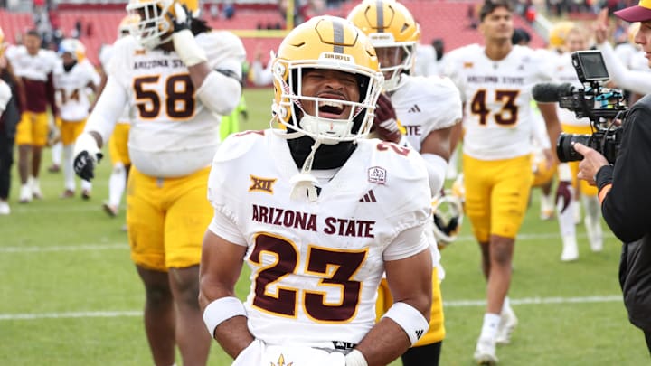 Nov 1, 2025; Ames, Iowa, USA; Arizona State Sun Devils safety Ben Alefaio-Lilii (23) celebrates after they beat the Iowa State Cyclones at Jack Trice Stadium. Mandatory Credit: Reese Strickland-Imagn Images Nov 1, 2025; Ames, Iowa, USA; Arizona State Sun Devils safety Ben Alefaio-Lilii (23) celebrates after they beat the Iowa State Cyclones at Jack Trice Stadium. Mandatory Credit: Reese Strickland-Imagn Images