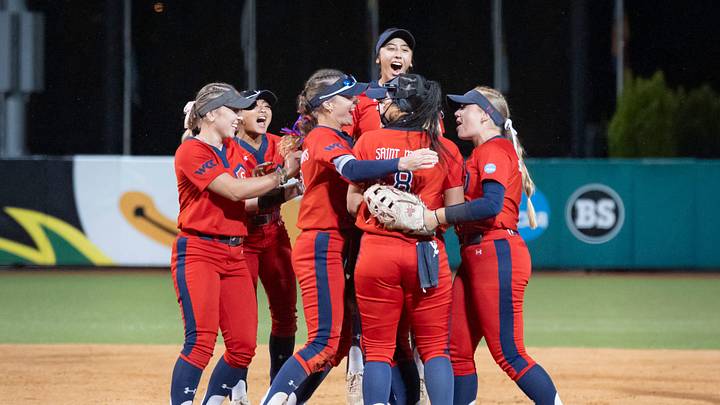 Saint Mary’s players celebrate their win after upsetting the Oregon Ducks in the Eugene Regional on May 16, 2026, at Jane Sanders Stadium in Eugene, Oregon. Saint Mary’s players celebrate their win after upsetting the Oregon Ducks in the Eugene Regional on May 16, 2026, at Jane Sanders Stadium in Eugene, Oregon.