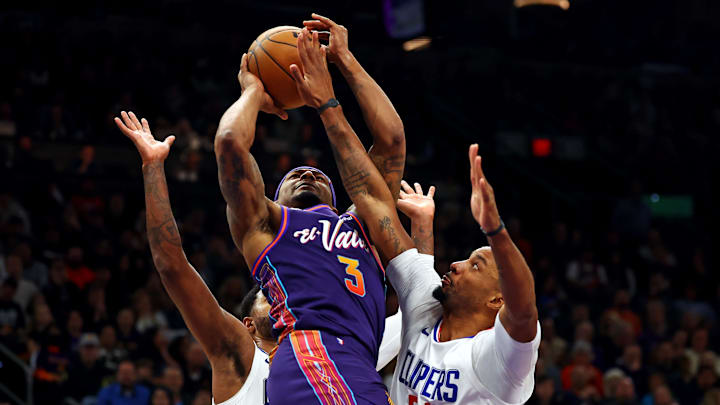 Jan 3, 2024; Phoenix, Arizona, USA; Phoenix Suns guard Bradley Beal (3) shoots the ball against LA Clippers guard Norman Powell (24) during the third quarter at Footprint Center. Mandatory Credit: Mark J. Rebilas-Imagn Images Jan 3, 2024; Phoenix, Arizona, USA; Phoenix Suns guard Bradley Beal (3) shoots the ball against LA Clippers guard Norman Powell (24) during the third quarter at Footprint Center. Mandatory Credit: Mark J. Rebilas-Imagn Images