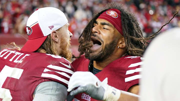 January 20, 2024; Santa Clara, CA, USA; San Francisco 49ers tight end George Kittle (85) and linebacker Fred Warner (54) celebrate after defeating the Green Bay Packers in a 2024 NFC divisional round game at Levi's Stadium. Mandatory Credit: Kyle Terada-Imagn Images January 20, 2024; Santa Clara, CA, USA; San Francisco 49ers tight end George Kittle (85) and linebacker Fred Warner (54) celebrate after defeating the Green Bay Packers in a 2024 NFC divisional round game at Levi's Stadium. Mandatory Credit: Kyle Terada-Imagn Images