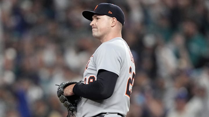 Oct 5, 2025; Seattle, Washington, USA; Detroit Tigers pitcher Tarik Skubal (29) reacts in the sixth inning against the Seattle Mariners during game two of the ALDS round for the 2025 MLB playoffs at T-Mobile Park.