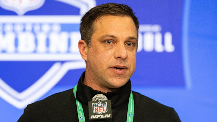 Feb 27, 2024; Indianapolis, IN, USA; Kansas City Chiefs General Manager Brett Veach talks to the media at the 2024 NFL Combine at Indiana Convention Center. Mandatory Credit: Trevor Ruszkowski-Imagn Images