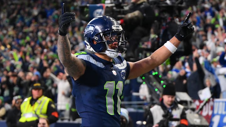 Seattle Seahawks wide receiver Jaxon Smith-Njigba celebrates after scoring a touchdown against the Los Angeles Rams.