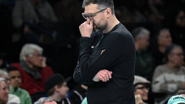 Apr 25, 2026; Brooklyn, NY, USA; New York Liberty head coach Chris DeMarco reacts during the first half against the Indiana Fever at Barclays Center. Mandatory Credit: John Jones-Imagn Images