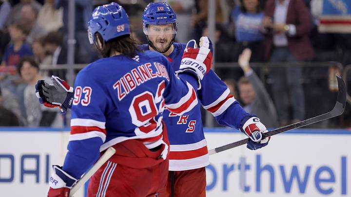 Oct 13, 2026; New York, New York, USA; New York Rangers center Mika Zibanejad (93) celebrates his short handed goal against the Tampa Bay Lightning with center J.T. Miller (10) during the third period at Madison Square Garden. Mandatory Credit: Brad Penner-Imagn Images
