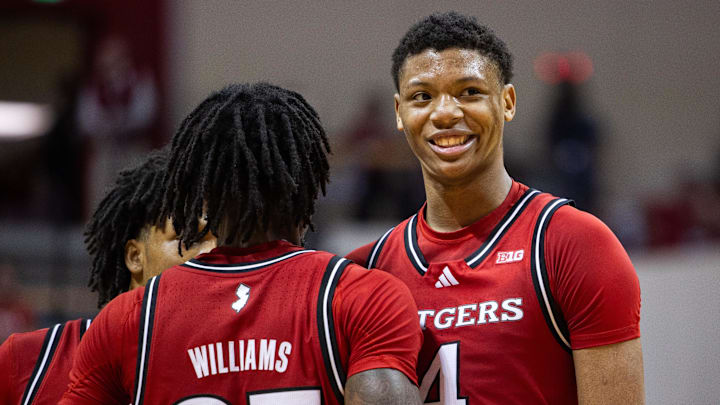 Jan 2, 2025; Bloomington, Indiana, USA; Rutgers Scarlet Knights guard Ace Bailey (4) in the second half against the Indiana Hoosiers at Simon Skjodt Assembly Hall. Mandatory Credit: Trevor Ruszkowski-Imagn Images