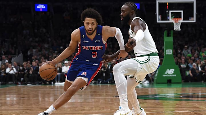 Nov 9, 2022; Boston, Massachusetts, USA; Detroit Pistons guard Cade Cunningham (2) controls the ball while Boston Celtics guard Jaylen Brown (7) defends during the first half at TD Garden. Mandatory Credit: Bob DeChiara-Imagn Images Nov 9, 2022; Boston, Massachusetts, USA; Detroit Pistons guard Cade Cunningham (2) controls the ball while Boston Celtics guard Jaylen Brown (7) defends during the first half at TD Garden. Mandatory Credit: Bob DeChiara-Imagn Images