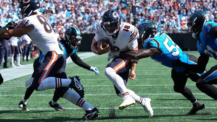 Sep 13, 2026; Charlotte, North Carolina, USA; Chicago Bears quarterback Caleb Williams (18) runs the ball while defended by Carolina Panthers linebacker Devin Lloyd (55) Sep 13, 2026; Charlotte, North Carolina, USA; Chicago Bears quarterback Caleb Williams (18) runs the ball while defended by Carolina Panthers linebacker Devin Lloyd (55)