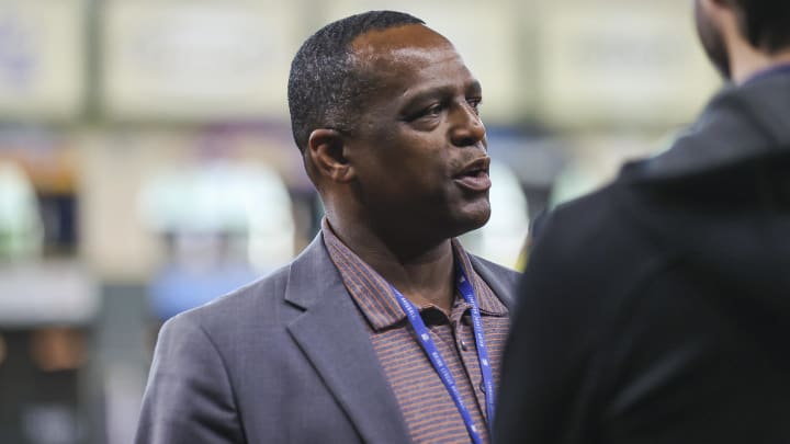 Apr 18, 2023; Houston, Texas, USA; Houston Astros general manager Dana Brown talks on the field before the game against the Toronto Blue Jays at Minute Maid Park.