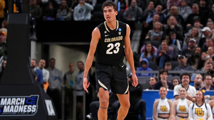 Colorado Buffaloes forward Tristan da Silva (23) reacts after scoring during the NCAA Men’s Basketball Tournament game against the Marquette Golden Eagles.