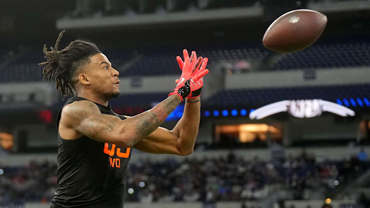 Mar 1, 2025; Indianapolis, IN, USA; Texas wideout Isaiah Bond (WO05) during the 2025 NFL Combine at Lucas Oil Stadium. Mandatory Credit: Kirby Lee-Imagn Images Mar 1, 2025; Indianapolis, IN, USA; Texas wideout Isaiah Bond (WO05) during the 2025 NFL Combine at Lucas Oil Stadium. Mandatory Credit: Kirby Lee-Imagn Images