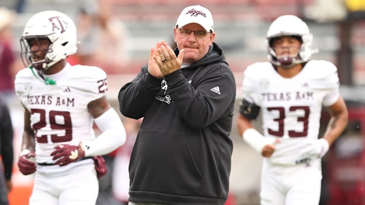 Oct 18, 2025; Fayetteville, Arkansas, USA; Texas A&M Aggies head coach Mike Elko prior to the game against the Arkansas Razorbacks at Donald W. Reynolds Razorback Stadium. Mandatory Credit: Nelson Chenault-Imagn Images
