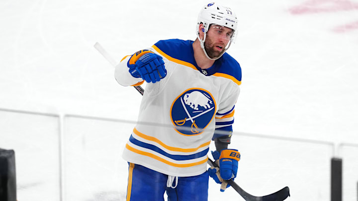 Jan 4, 2025; Las Vegas, Nevada, USA; Buffalo Sabres left wing Jason Zucker (17) celebrates after scoring a goal against the Vegas Golden Knights during the third period at T-Mobile Arena. Mandatory Credit: Stephen R. Sylvanie-Imagn Images