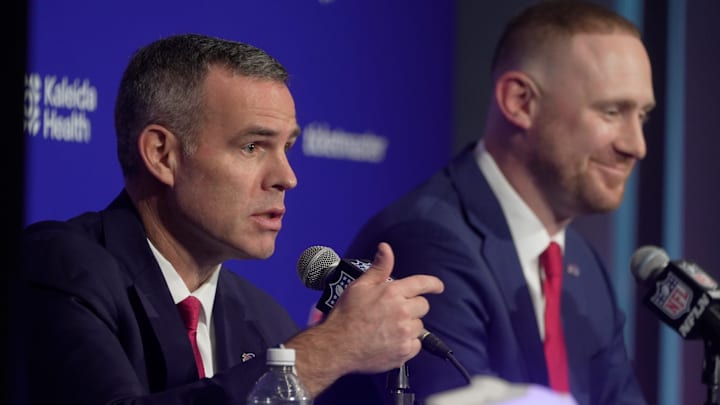 Brandon Beane, president of football operations and general manager for the Buffalo BIlls, and head coach Joe Brady take turns answering questions during a press conference that introduced Brady as the new head coach at the Bills field house in Orchard Park on Jan. 29, 2026. Brandon Beane, president of football operations and general manager for the Buffalo BIlls, and head coach Joe Brady take turns answering questions during a press conference that introduced Brady as the new head coach at the Bills field house in Orchard Park on Jan. 29, 2026.