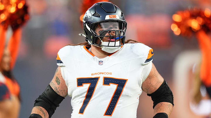 Aug 18, 2024; Denver, Colorado, USA; Denver Broncos guard Quinn Meinerz (77) before the game against the Green Bay Packers at Empower Field at Mile High. 