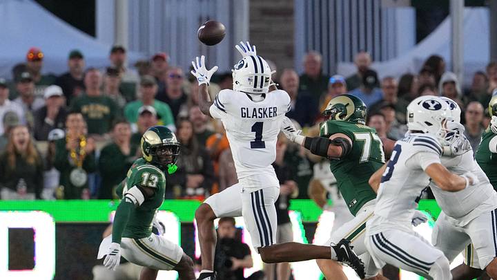 Sep 19, 2026; Fort Collins, Colorado, USA;  BYU Cougars wide receiver Legend Glasker (1) catches a pass in the first half against Colorado State Rams at Sonny Lubick Field at Canvas Stadium.  Mandatory Credit: Andrew Rydland-Imagn Images