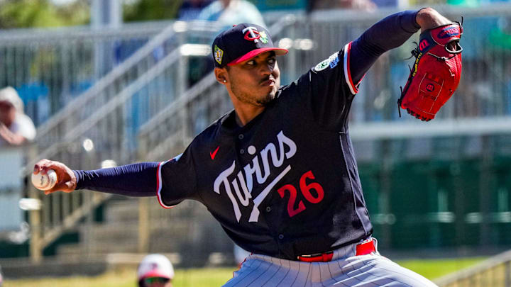 Pitcher Taj Bradley takes part in live batting practice during the Minnesota Twins first full-squad workout of spring training at Lee Health Sports Complex in Fort Myers, Fla., on Monday, Feb. 16, 2026. Pitcher Taj Bradley takes part in live batting practice during the Minnesota Twins first full-squad workout of spring training at Lee Health Sports Complex in Fort Myers, Fla., on Monday, Feb. 16, 2026.
