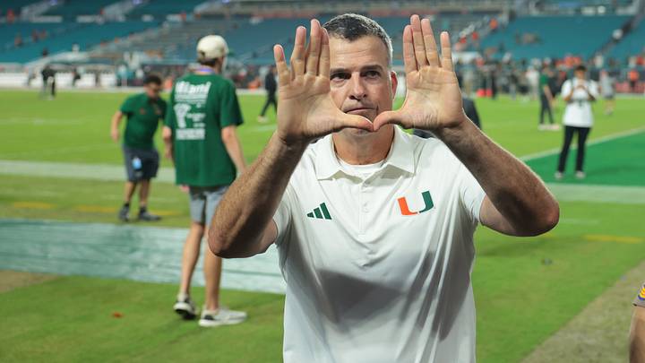 Sep 10, 2026; Miami Gardens, Florida, USA;  Miami Hurricanes head coach Mario Cristobal gestures after defeating Florida A&M Rattlers at Hard Rock Stadium.  Mandatory Credit: Sam Navarro-Imagn Images