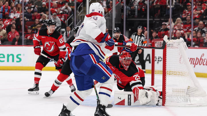Nov 6, 2025; Newark, New Jersey, USA; New Jersey Devils goaltender Jacob Markstrom (25)during the third period at Prudential Center. Mandatory Credit: Ed Mulholland-Imagn Images