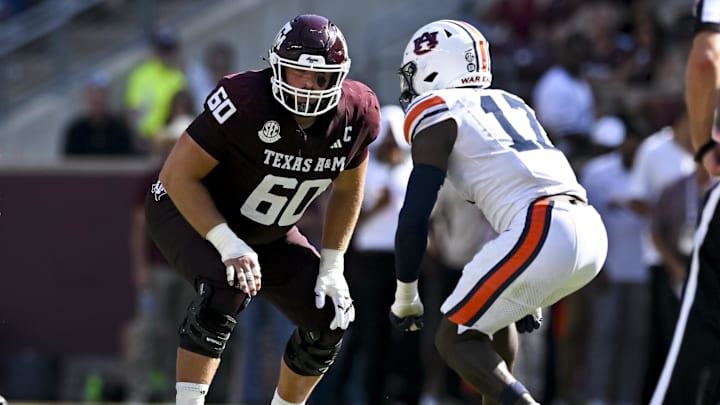 Texas A&M Aggies offensive lineman Trey Zuhn III (60) lines up during the first half against the Auburn Tigers at Kyle Field. 