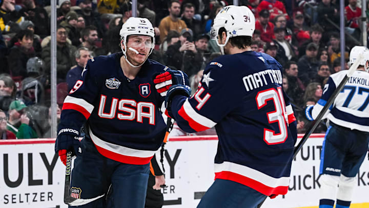 Feb 13, 2025; Montreal, Quebec, CAN; [Imagn Images direct customers only] Team USA forward Matthew Tkachuk (19) celebrates with Team USA forward Auston Matthews (34) his goal against Team Finland in the third period during a 4 Nations Face-Off ice hockey game at Bell Centre. Mandatory Credit: David Kirouac-Imagn Images