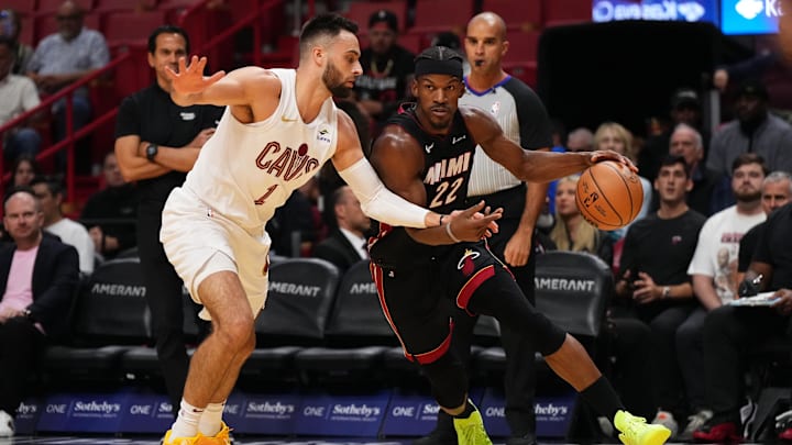 Dec 8, 2023; Miami, Florida, USA; Miami Heat forward Jimmy Butler (22) drives the ball around Cleveland Cavaliers guard Max Strus (1) during the first half at Kaseya Center. Mandatory Credit: Jasen Vinlove-Imagn Images Dec 8, 2023; Miami, Florida, USA; Miami Heat forward Jimmy Butler (22) drives the ball around Cleveland Cavaliers guard Max Strus (1) during the first half at Kaseya Center. Mandatory Credit: Jasen Vinlove-Imagn Images