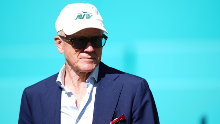 Dec 8, 2024; Miami Gardens, Florida, USA; New York Jets owner Woody Johnson walks onto the field prior to the game between the Miami Dolphins and the New York Jets at Hard Rock Stadium. Mandatory Credit: Jasen Vinlove-Imagn Images